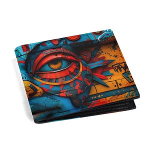 Cartera con diseño de grafiti y máscara urbana colorida. Portadocumentos, monedero y tarjetero.