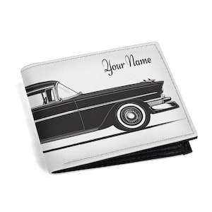 Carteira masculina personalizada com nome e foto de carro antigo em couro sintético