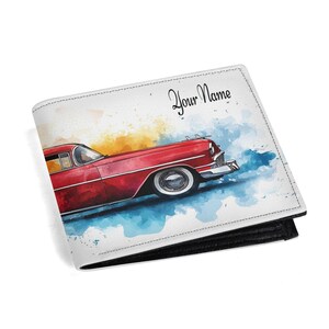 Cartera para hombre con nombre personalizado, foto de coche vintage, diseño retro, piel sintética, acuarela