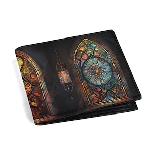 Carteira RFID com design exclusivo de janelas de igreja gótica, bolso para moedas e compartimentos para cartão de crédito - Ótimo presente para ele - Couro sintético leve