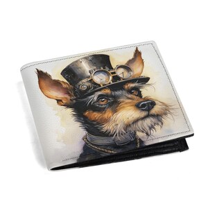 Cartera plegable Steampunk con diseño de Fox Terrier, ventana de piel sintética para identificación, monedero y ranuras para tarjetas. Cartera para hombre.