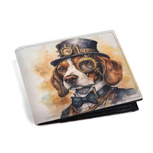 Cartera plegable Steampunk con diseño de perro beagle, piel sintética, ventana para identificación, monedero y ranuras para tarjetas. ¡Un regalo para él!