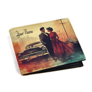 Cartera personalizada para hombre con nombre, foto de pareja de coches antiguos, estilo retro de piel sintética