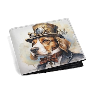 Cartera Steampunk Beagle, plegable de piel sintética, ventana para identificación, monedero, tarjetero, regalo único para amantes de los perros.