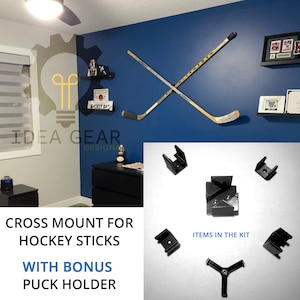 Cross Design Hockey Stick Wall Mount Bracket  With Puck Holder - Sold as a kit (6 Items) (Hardware Included)