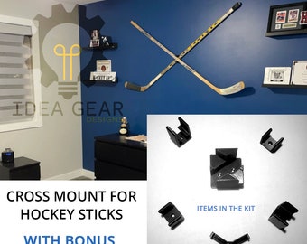 Cross Design Hockey Stick Wall Mount Bracket  With Puck Holder - Sold as a kit (6 Items) (Hardware Included)
