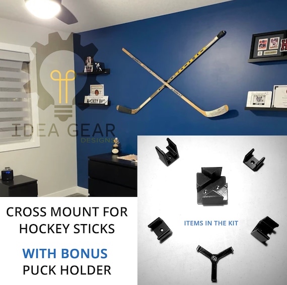 Cross Design Hockey Stick Wall Mount Bracket  With Puck Holder - Sold as a kit (6 Items) (Hardware Included)