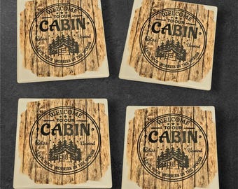 Decoración de cabaña, posavasos de cabaña, posavasos para bebidas, cabaña, posavasos acogedores de cabaña, posavasos de montaña, posavasos para actividades al aire libre, regalo de inauguración de la casa