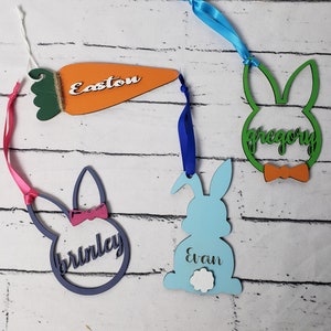 Personalized Easter Basket Tags, Wood Laser Cut Easter Bunny Tag, Easter Carrot Tag, Easter Name Tags, Bow Easter Tags,Wood Tags for Easter