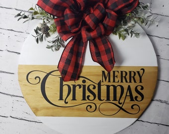 Merry Christmas Door Hanger, Christmas wood round sign, Farmhouse Christmas, Merry Christmas Door Decor, front door Christmas wreath