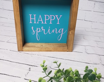 Letrero de madera estilo granja "Feliz Primavera", decoración para bandeja escalonada