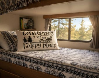 Camping Is My Happy Place Lumbar Pillow, RV Camper Decor Gift