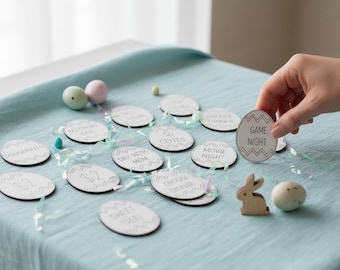 gepersonaliseerde paaseiertokens, houten penningen, paaseierenvuller, paaseieren zoeken, aanpasbaar paascadeau, prijzen en beloningen voor eieren zoeken