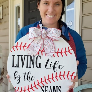 Living life by the seams, baseball door hanger, baseball lover, Baseball, Softball Wooden Door hanger, sports decor, Baseball wreath