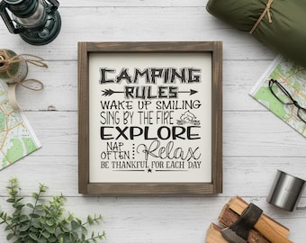 Rustic Farmhouse Camping Rules Wooden Sign, RV Trailer Wall Art