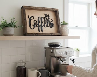 But First Coffee framed wooden kitchen sign, modern farmhouse wall art, coffee nook decor, gift for coffee lovers