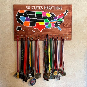 50 States Medal Holder, Display for medals, running gifts, runners medal holder, medals display rack, Chalkboard map, USA medal rack, RUN 50