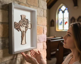 Handcrafted Wooden Jesus Cross Wall Art, Christian home decor, rustic faith sign, laser cut wood, Sign for Prayer Space, inspirational gift