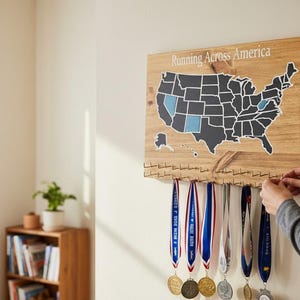 Running medal display rack, Personalized medal display, Chalkboard US Map, Running Gift