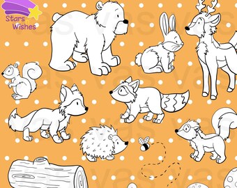 Forest Animals Clip Art, Stamp, Line Art, Forest Animals Clipart, Woodland Animals clipart, clipart, digital clip art, Forest