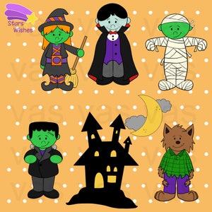 Halloween Clip Art, line art and color, Monster Clipart, Frankenstein, Mummy, Witch, Werewolf, Clip Art