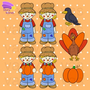 Fall Clip Art, line art and color, Scarecrow Clipart, Thanksgiving, Pumpkin, Fall