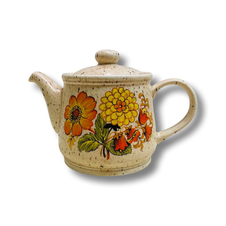 Sadler England Teapot/ Stoneware/marigold Flowers/brown Speckled Etsy