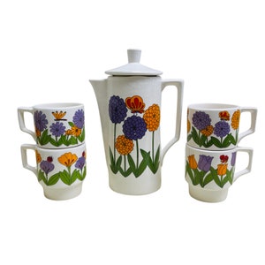 Mod Floral Tea Set 1970s Flower Power Coffee Pot Matching Mugs Set