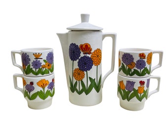 Mod Floral Tea Set 1970s Flower Power Coffee Pot Matching Mugs Set