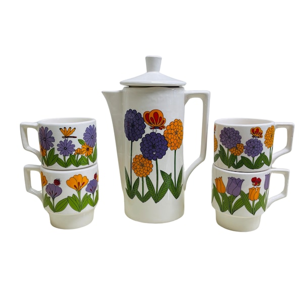 Mod Floral Tea Set 1970s Flower Power Coffee Pot Matching Mugs Set