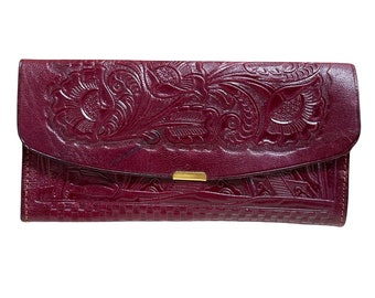 Tooled Leather Wallet Burgundy Lipstick Mirror Change Purse Billfold