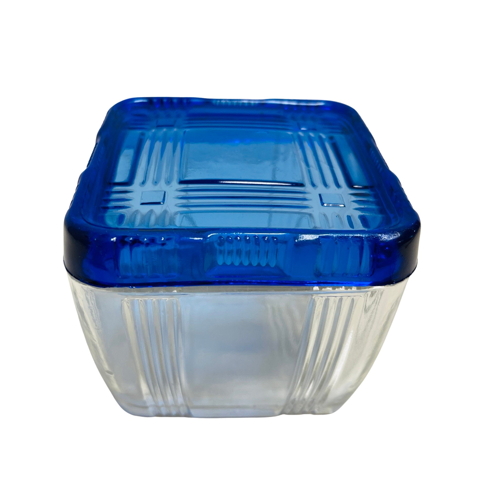 ブルーローズページイオンゲル＆クリア Hazel Atlas Glass Refrigerator Dish Crisscross Royal Blue Lid
