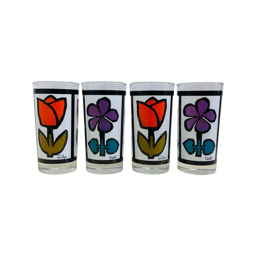 Glassware Set of 4 Drinking Glasses 10 Ounce Tumblers Vintage Flower