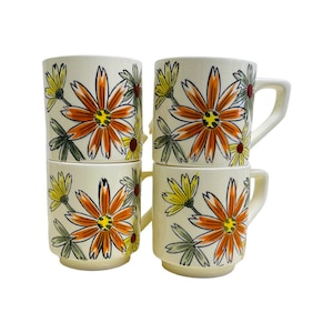 Ceramic Mugs Groovy Set of 4 Flower Power Coffee Cups Made in Japan
