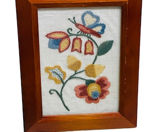 Framed Crewel Handmade 1960s-70s Floral Butterfly Needlepoint Wall Tabletop Art