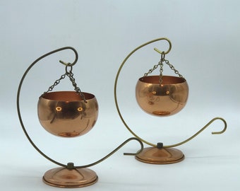 Retro Indoor Planter Pair Coppercraft Guild Hanging Brass and Copper Plant Stands Vintage 1970s