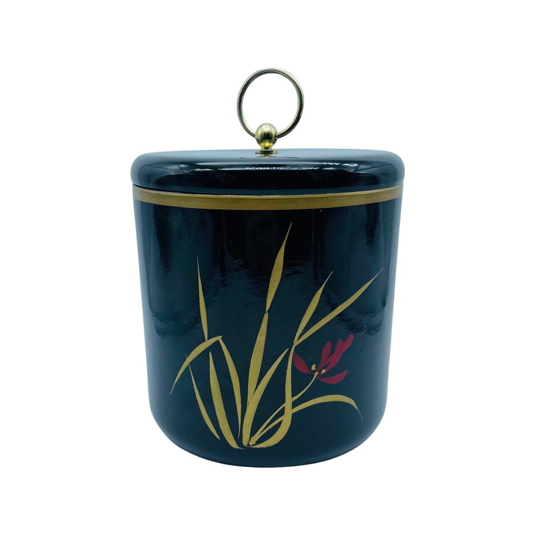 Ice Bucket Vintage Black Lacquerware Hand Painted Eatons Collection