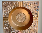 Vintage Solid Brass Square Ashtray Tray Trinket Dish Floral Pattern