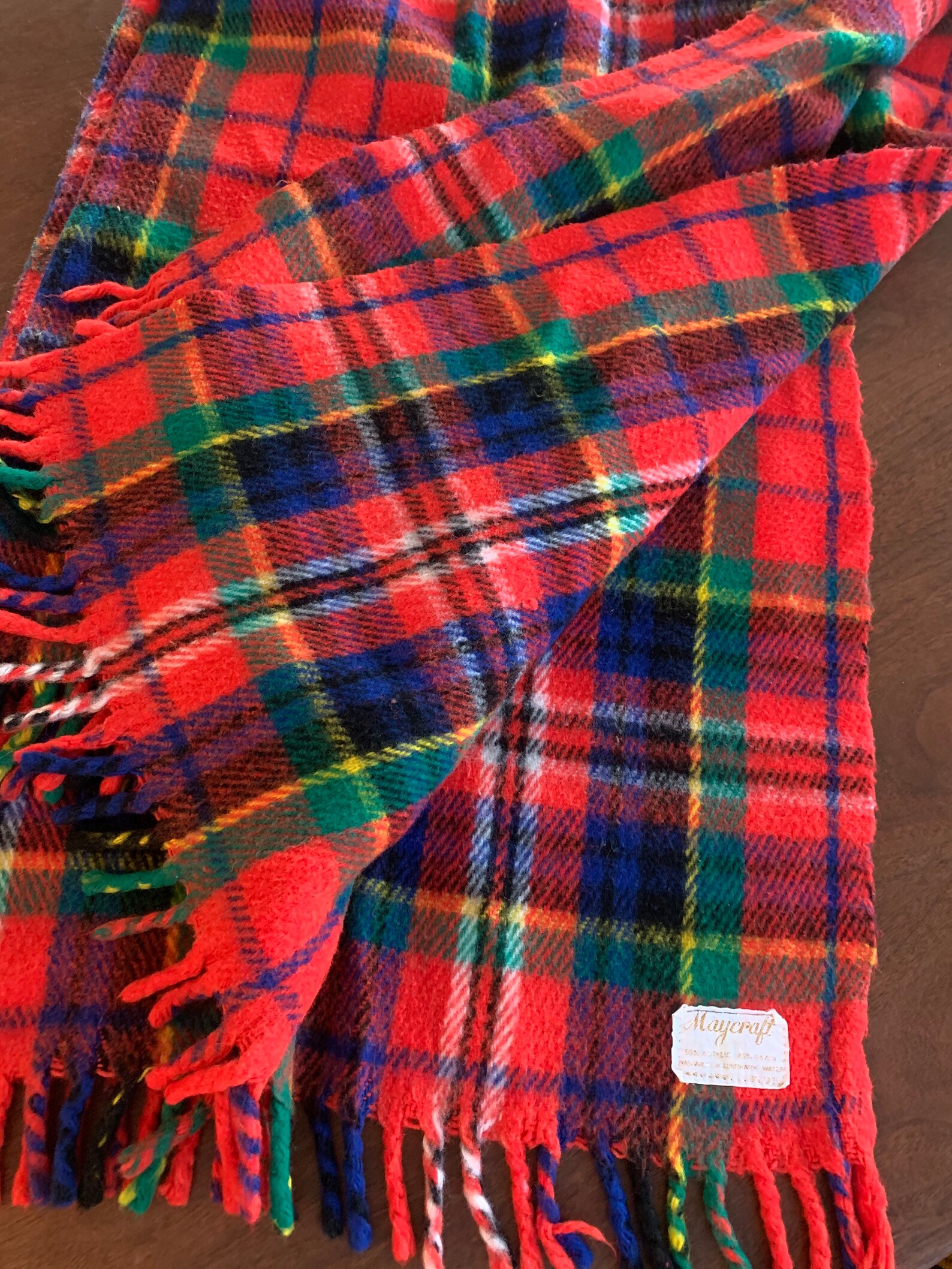 Vintage 1960s Maycraft Rayon throw blanket red plaid fringe Etsy