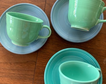 Fiesta Fiestaware Cups and Saucers Turquoise Seamist Periwinkle Blue Green