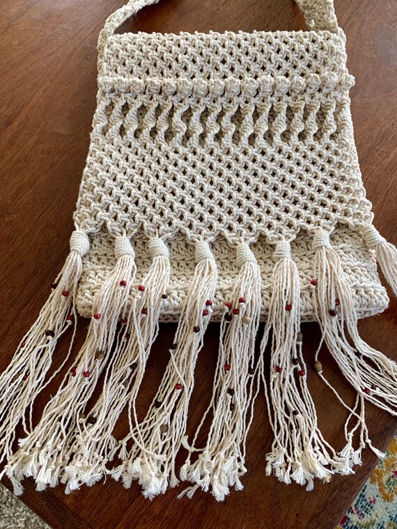 Vintage Off White Cream Macrame Wood Beaded Purse… - image 8