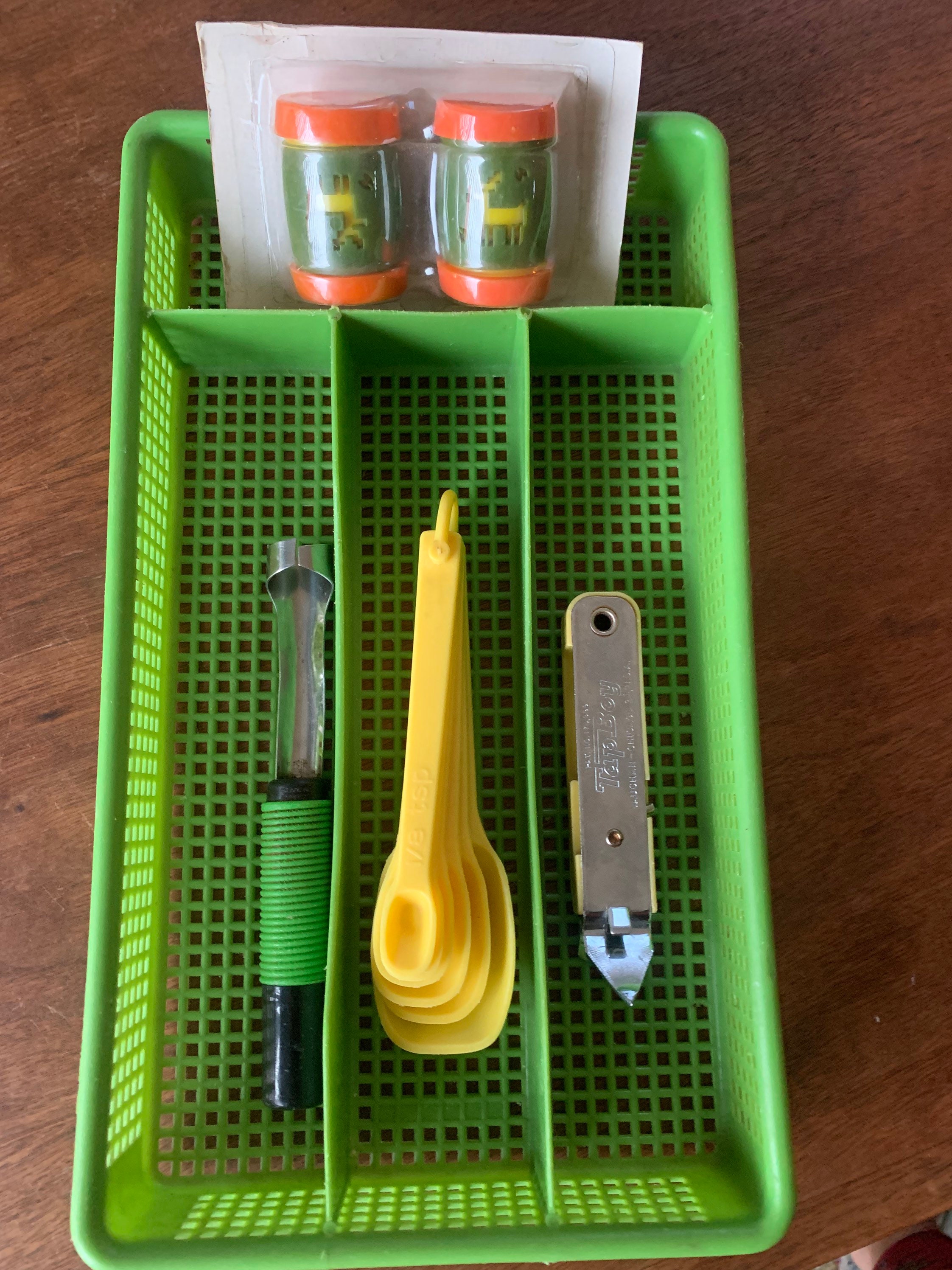 Vintage 70s Green Utensil Tray With Colorful Kitchen Gadgets Etsy