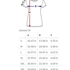May include: Size chart for a slim fit t-shirt with measurements in inches for the length, width, and sleeve length. Sizes include S, M, L, XL, 2XL, and 3XL.