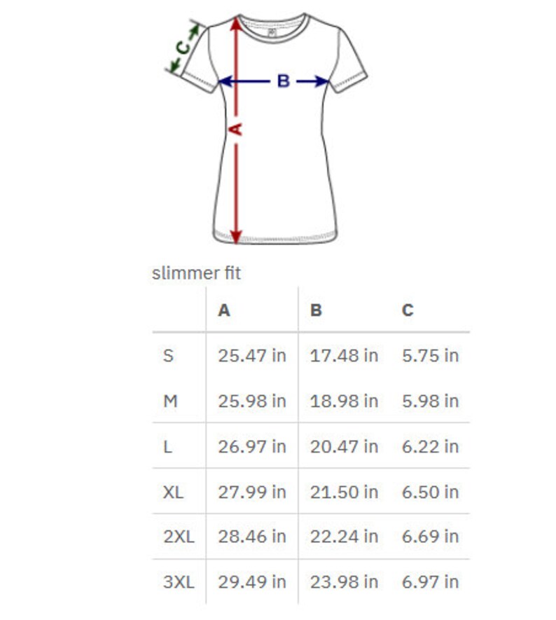 May include: Size chart for a slim fit t-shirt with measurements in inches for the length, width, and sleeve length. Sizes include S, M, L, XL, 2XL, and 3XL.