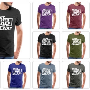 May include: A collage of ten t-shirts in different colors, each featuring the text "Best Foster Dad in the Galaxy" in white lettering against a black rectangle.