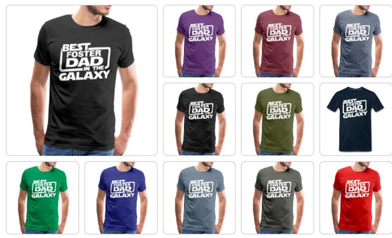 May include: A collage of ten t-shirts in different colors, each featuring the text "Best Foster Dad in the Galaxy" in white lettering against a black rectangle.