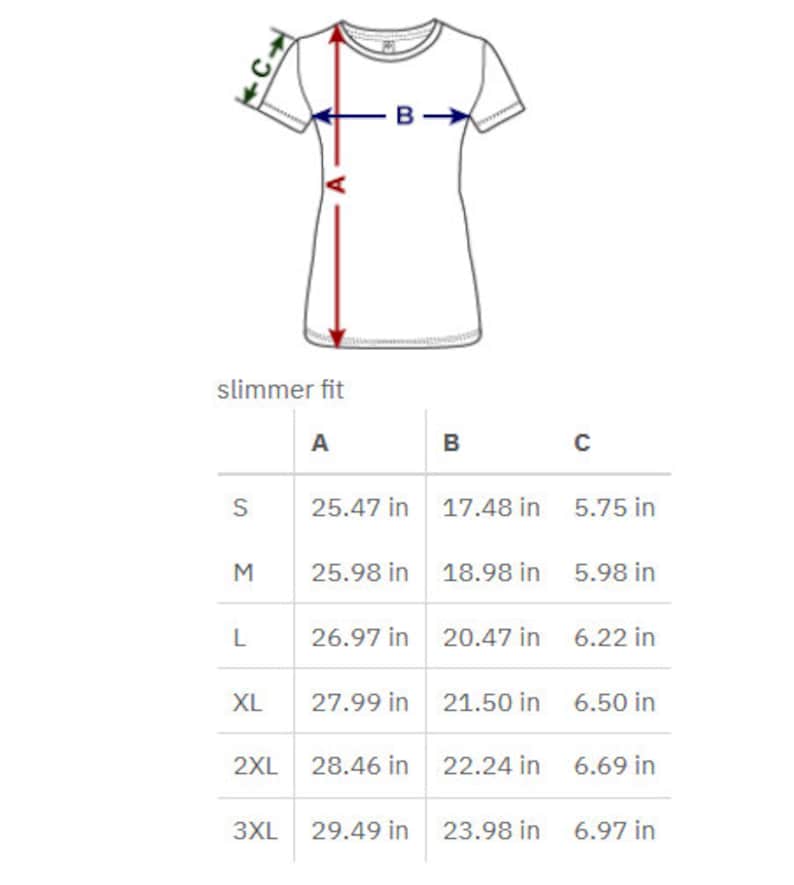 Puede incluir: Tabla de tallas para una camiseta de ajuste delgado con medidas en pulgadas para la longitud, el ancho y la longitud de la manga. Las tallas incluyen S, M, L, XL, 2XL y 3XL.