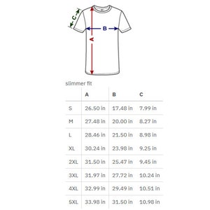 May include: Size chart for a slim fit t-shirt with measurements in inches for the length, width, and sleeve length. Sizes range from S to 5XL.