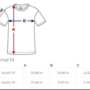 Puede incluir: Un diagrama que muestra las medidas de una camiseta en pulgadas. Las medidas est&aacute;n etiquetadas como A, B y C. Las medidas son para las tallas Youth 2T y Youth 4T.