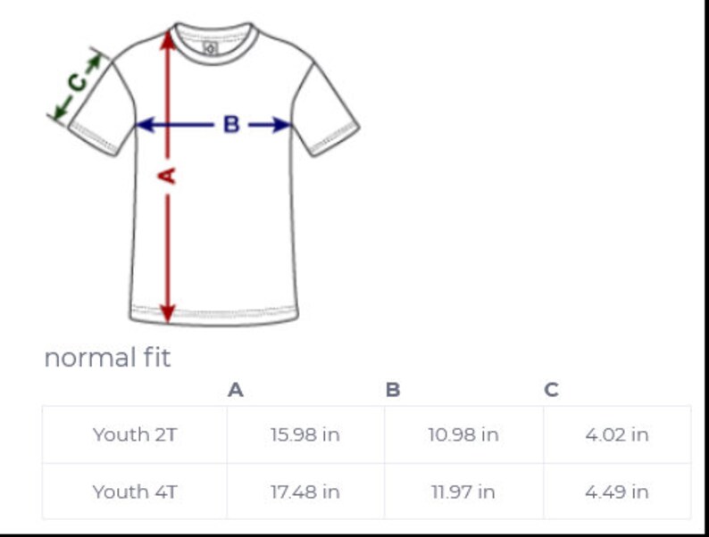 Puede incluir: Un diagrama que muestra las medidas de una camiseta en pulgadas. Las medidas est&aacute;n etiquetadas como A, B y C. Las medidas son para las tallas Youth 2T y Youth 4T.